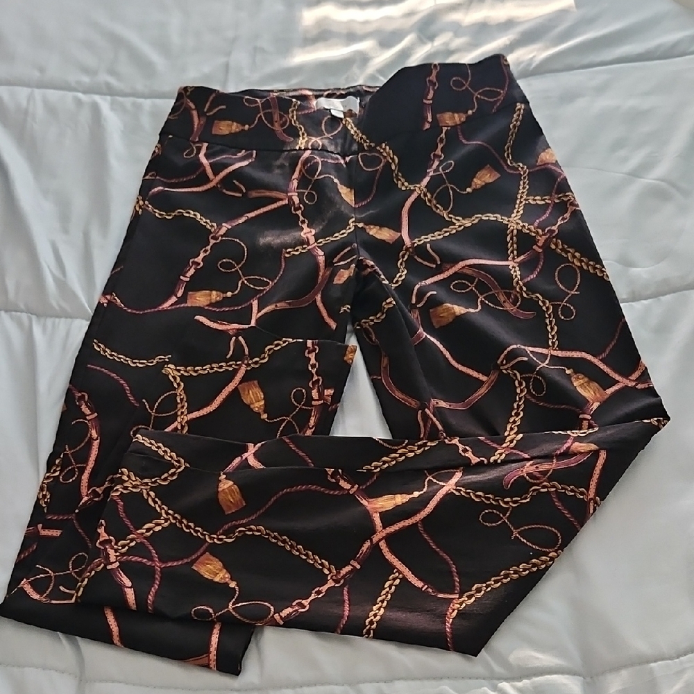 Black Stretchy Pants with Gold Chain Print. Size 12 By NEW DIRECTIONS